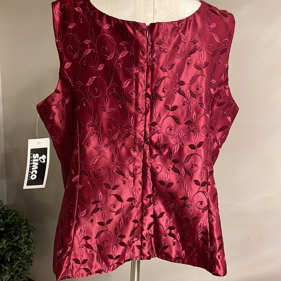 NWT Formal women’s sleeveless top tank embroidered zippered satin wine red 2X - Picture 7 of 10